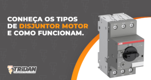 Foto de um disjuntor motor cinza, com o seguinte texto à esquerda: Conheça os tipos de disjuntor motor e como funcionam.