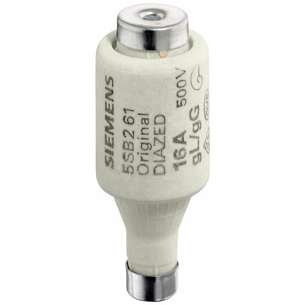 Imagem de um fusível diazed branco com escritos preto "Siemens 5SB261 Original DIAZED 16A 500V"