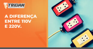 3 tomadas de cores vibrantes alinhadas, ao lado o seguinte texto:A diferença entre 110V e 220V