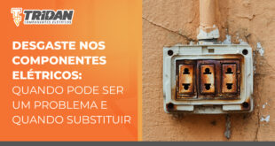 a imagem mostra do lado direito uma tomada desgastada com sinais de queimado, a esquerda esta escrito: desgastes nos componentes elétricos: quando pode ser um problema e quando substituir