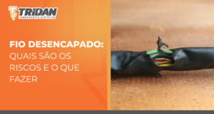 A imagem mostra a direita um fio desencapado, na esquerda o texto: Fio desencapado: quais são os riscos e o que fazer