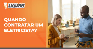 a direita da imagem uma foto de uma senhora contratando um eletricista, na esquerda, o seguinte texto: quando contratar um eletricista?