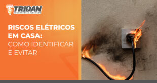Fio em chamas conectado a uma tomada, com o seguinte texto ao lado: Riscos elétricos em casa: como identificar e evitar