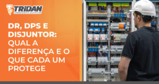 à direita uma imagem com um eletricista olhando para um painel elétrico, à esquerda, o seguinte texto "DR, DPS e disjuntor: qual a diferença e o que cada um protege"