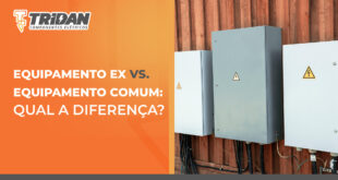 A direita varias caixas de energia lacradas simbolizando equipamentos ex, a esquerda o seguinte texto: equipamento ex vs equipamento comum qual a diferenca