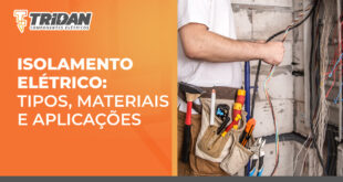 Uma imagem que à direita apresenta um homem trabalhando em uma instalação eletrica, com ferramentas em sua bolsa, à esquerda o seguinte texto: Isolamento elétrico: tipos, materiais e aplicações