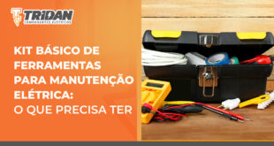 a direita, uma imagem de uma caixa de ferramentas, a esquerda o seguinte texto: kit basico de ferramentas para manutencao eletrica