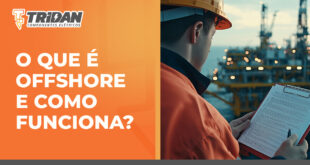 a direita a imagem de um operario em uma plataforma, à esquerda o seguinte texto " o que é offshore e como funciona?"
