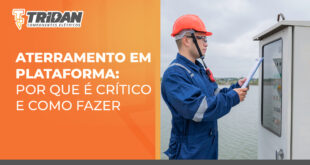 à direita uma imagem de um engenheiro elétrico observando um painel elétrico, à esquerda o seguinte texto " Aterramento em plataforma: Por que é critico e como fazer