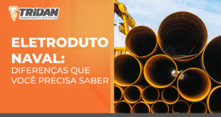 A direita uma imagem de eletrodutos navais empilhados, à esquerda o seguinte texto: " Eletroduto naval: Diferenças que você precisa saber