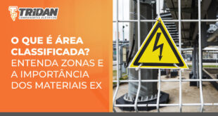 Uma imagem de uma área classificada com alta voltagem, à esquerda o seguinte texto: O que é área classificada? Entenda zonas e a importância dos materiais EX