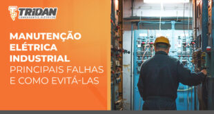 à direita um trabalhador de indústria realizando manutenção, à esquerda o seguinte texto Manutenção elétrica industrial: principais falhas e como evita-las