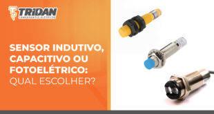 à direita 3 sensores, um indutivo, um capacitivo e um fotoelétrico, à esquerda o texto: Sensor indutivo, capacitivo ou fotoelétrico: qual escolher?